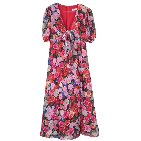 Ieena Mac Duggal Floral Puff Sleeve Tie Slit Romantic Midi Dress Pink Red Size 4 - Picture 1 of 14